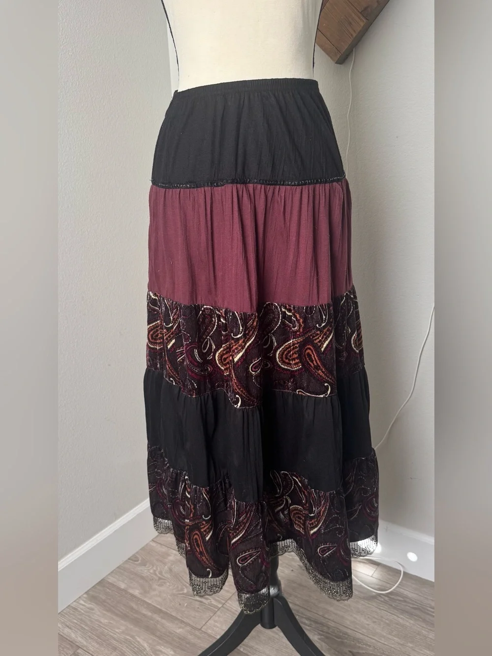 Vintage 90s FANG Whimsigoth Tiered Paisley Maxi Skirt Burgundy Black